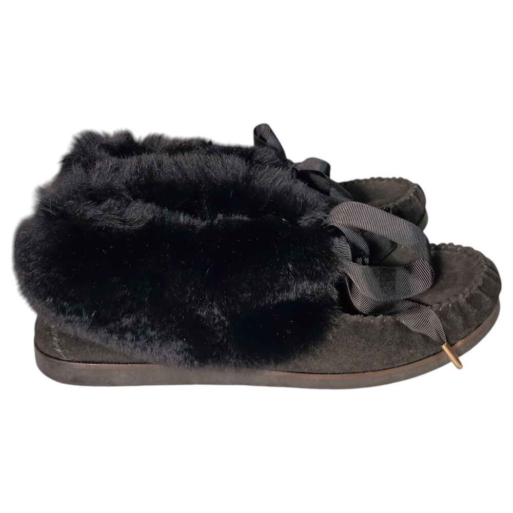 Tory Burch Aberdeen Slipper Moccasin Ankle Women 9 Leather Suede Shearling Black - Picture 4 of 13